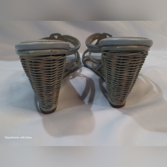 New MATISSE lt Blue WICKER Open Toe Wedge LEATHER Sandal sz 7.5 - Picture 5 of 7